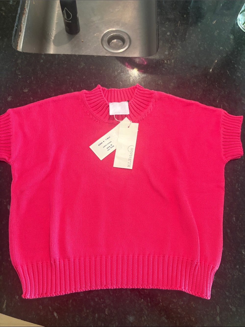 MJ WATSON Short-Sleeve HOT PINK Crewneck Sweater (M) Made in Italy